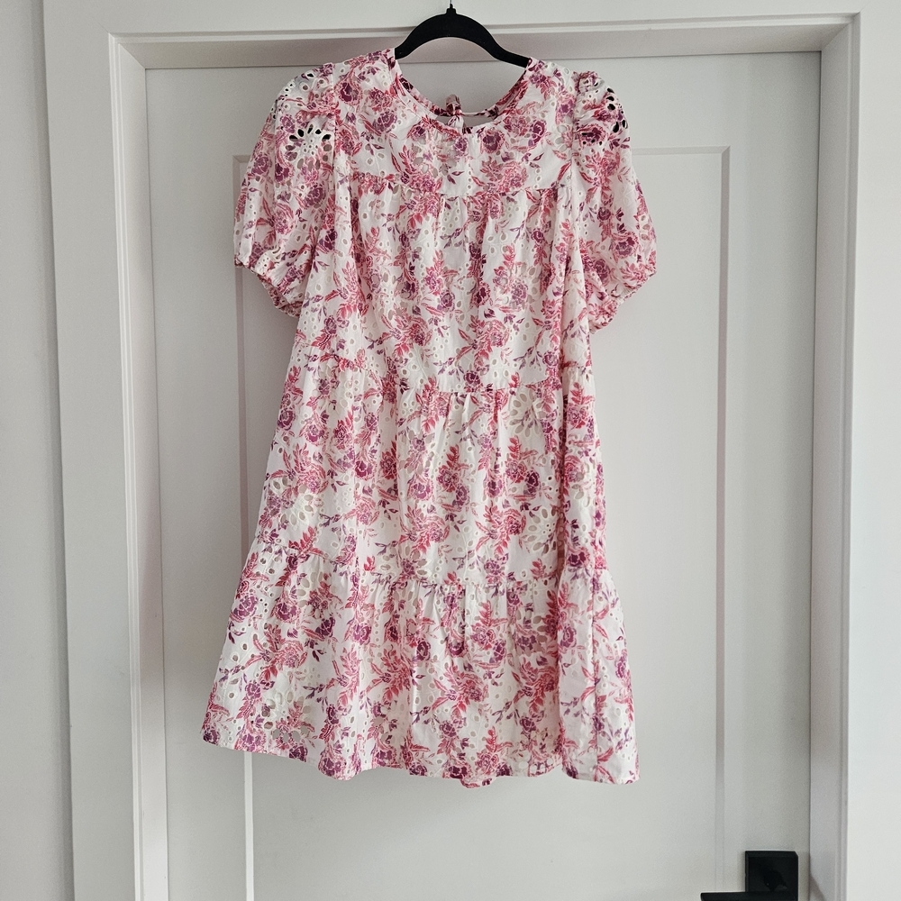 Greylin Pink Floral Eyelet Puff Sleeve Tiered Midi Dress Romantic Cottagecore L